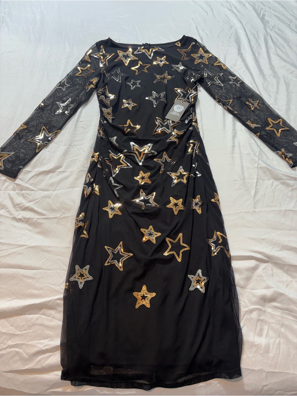 NWT Vince Camuto Star Sequin Mesh Dress 8 Black Gold Sheer Sleeve Midi $178